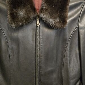 Women's Black Leather Jacket with Mink Fur Collar (detachable) - Vintage 90s